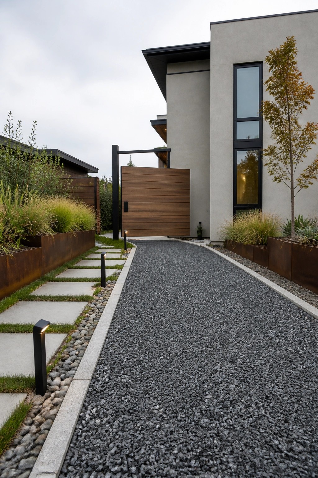 Modern home with gravel driveway, wooden gate, lit paver path and planters.