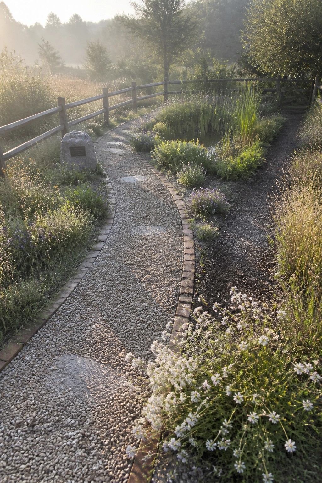 A curving gravel path with brick edging runs through a landscaped garden next to a wooden fence and flowering plants.