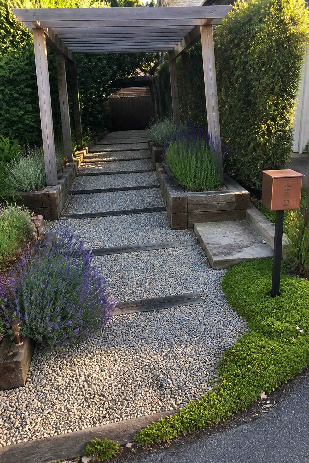 A gravel pathway bordered by raised wooden planters with green and purple plants leads under a wooden pergola, with a copper mailbox visible on the right side.