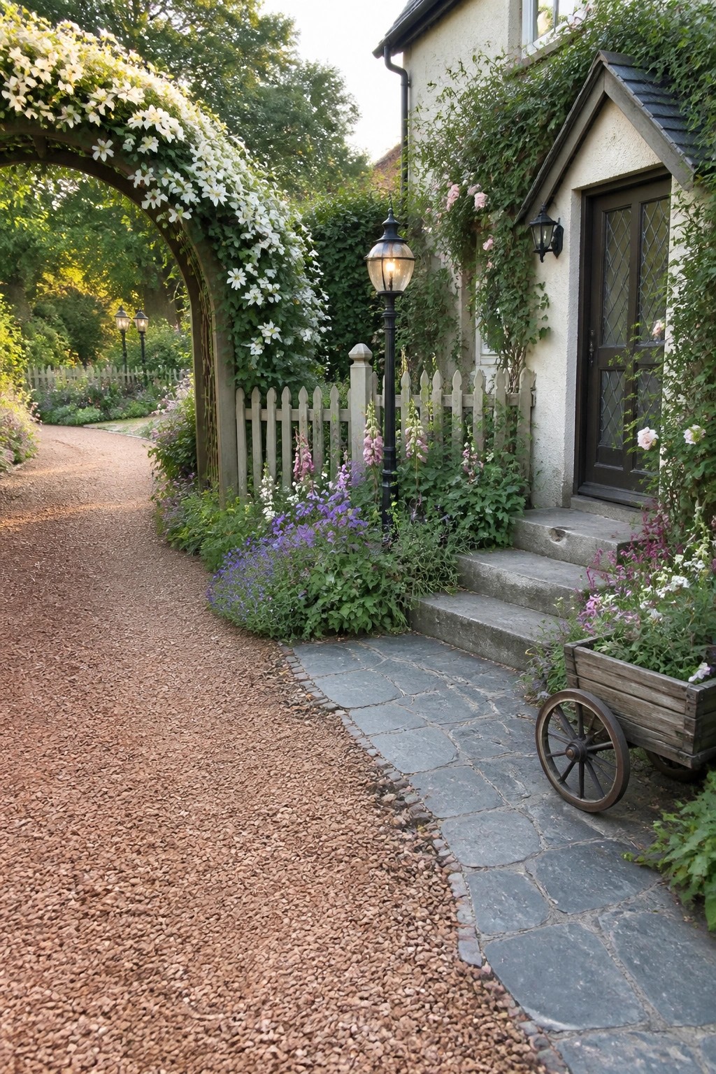 Garden path with floral archway to ivy-covered cottage, lamp post and wooden cart