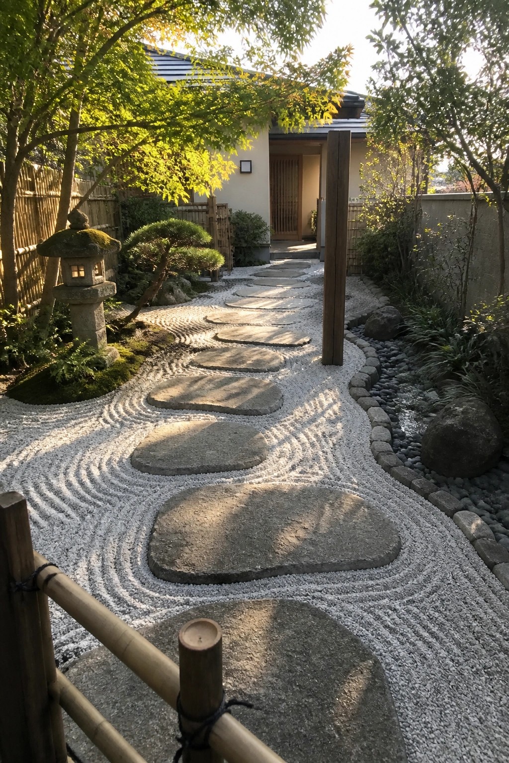 A winding garden path of round stepping stones set in raked white gravel, bordered by plants, a stone lantern, and a bamboo fence leading toward a house.