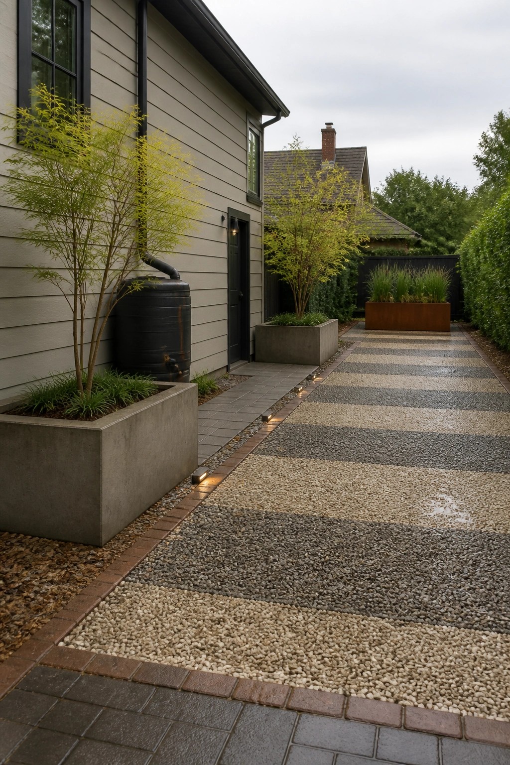A long driveway path features wide alternating stripes of light and dark gravel with brick edging, bordered by concrete planters and a house on the left.