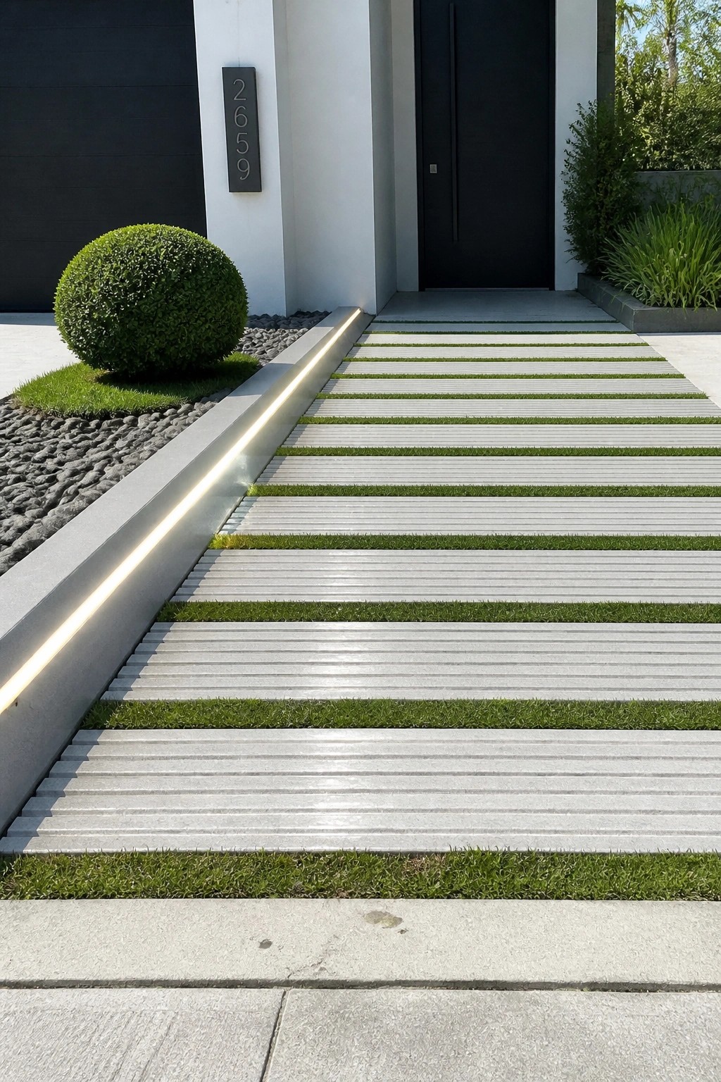 A straight entry path of light gray grooved tiles with narrow grass strips between each row leads to a black front door, with a round shrub and a glowing linear light along the left edge.