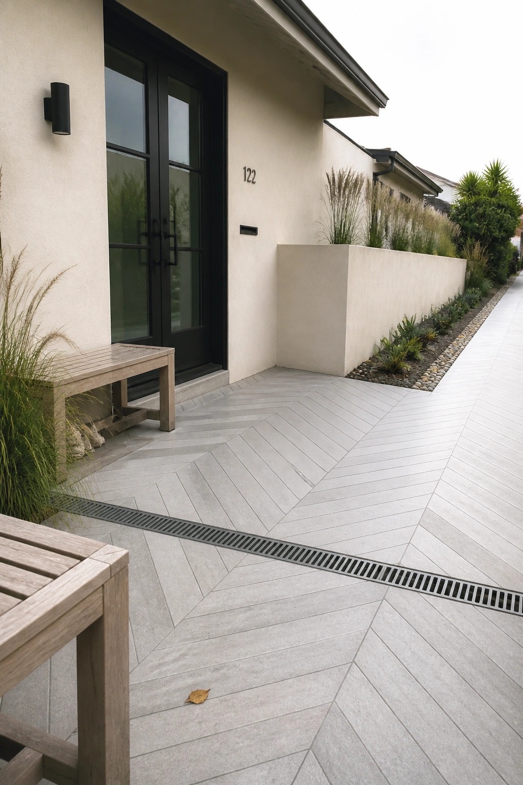 Modern house front with black door and herringbone gray tile driveway that includes a long metal drain grate.