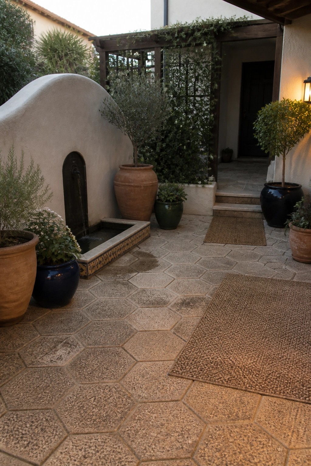 Patio with hexagonal stone pavers, wall fountain, potted plants, and doormats