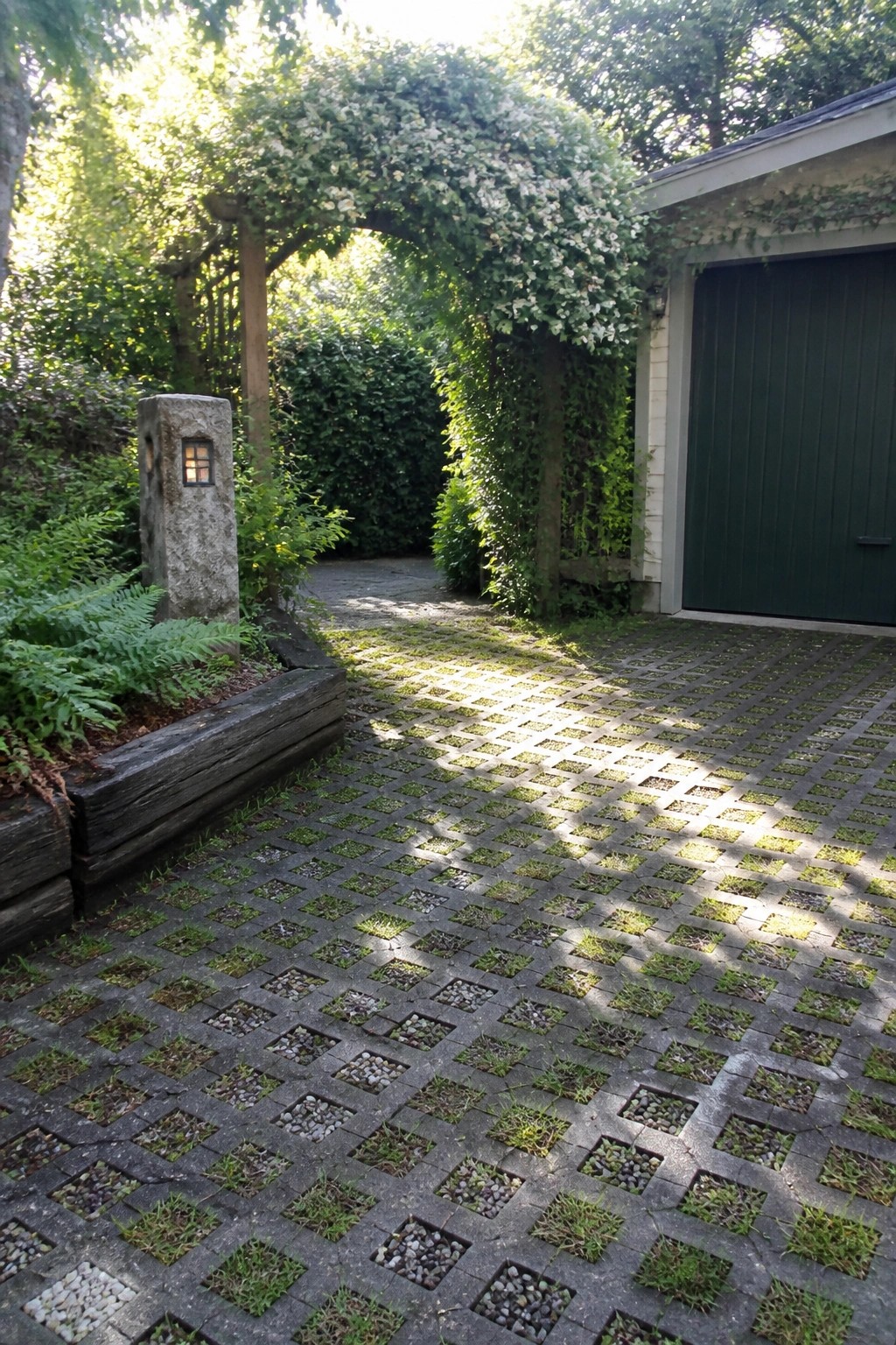 A gravel-filled grid driveway made of square concrete pavers leads toward a dark green garage door, with a vine-covered arch and a stone lantern visible on the left.