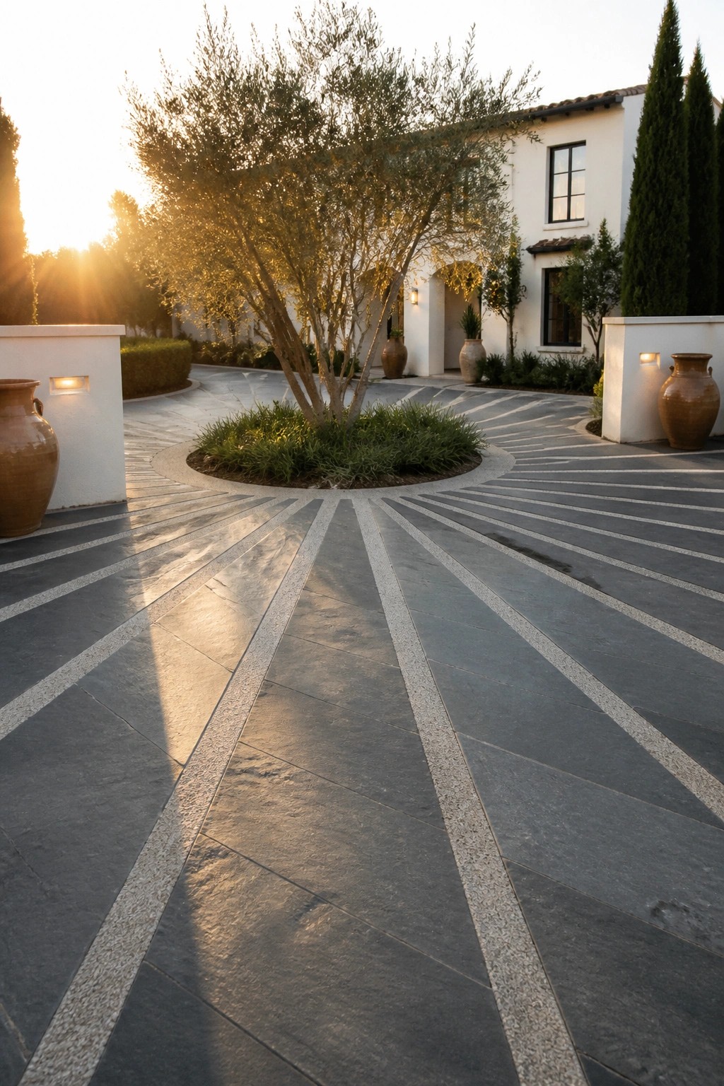 A paved driveway with dark stone tiles arranged in a radial pattern around a central circular planter containing a tree and low grass, bordered by large terracotta pots and a white stucco house.