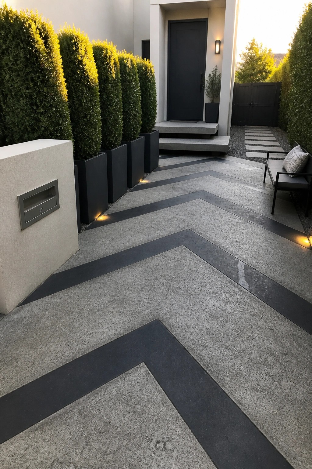 Modern courtyard with chevron concrete path, black planters, green hedges, and bench.