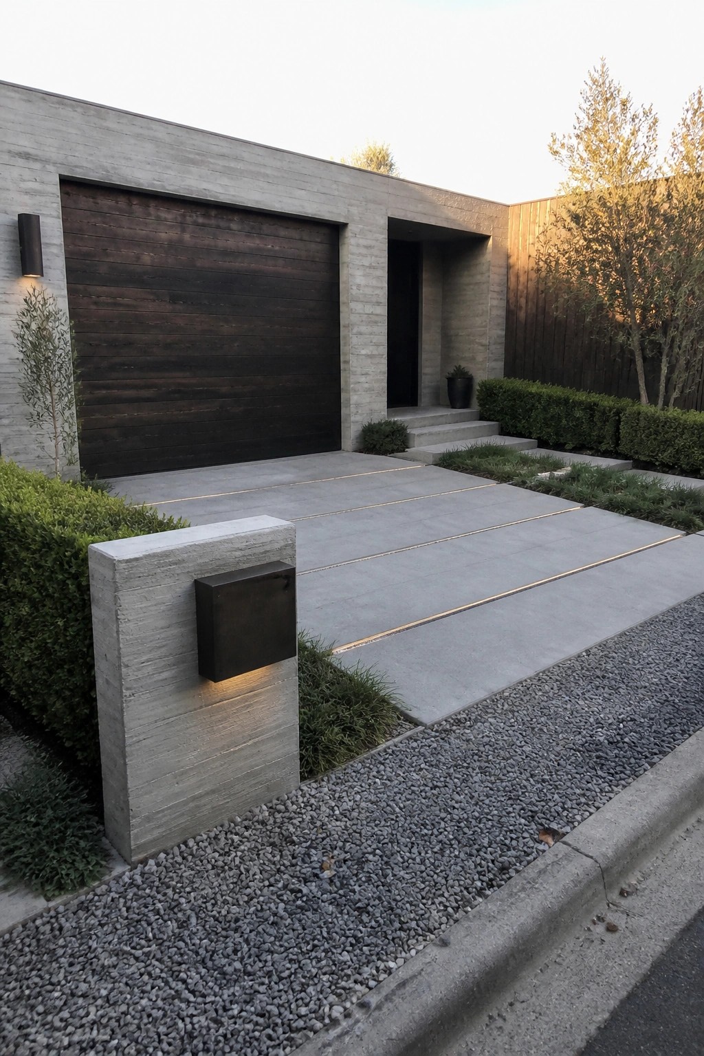 Modern concrete home with dark wooden garage, lighted driveway, and mailbox pillar.