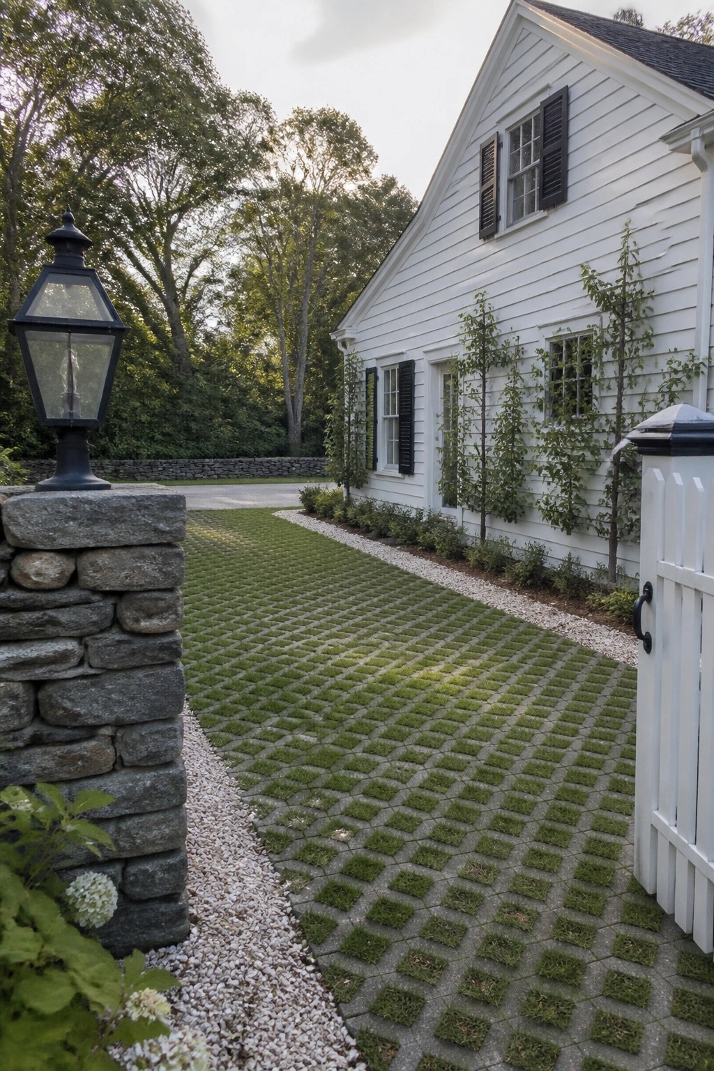 White house with black shutters beside grassy driveway and stone lantern post