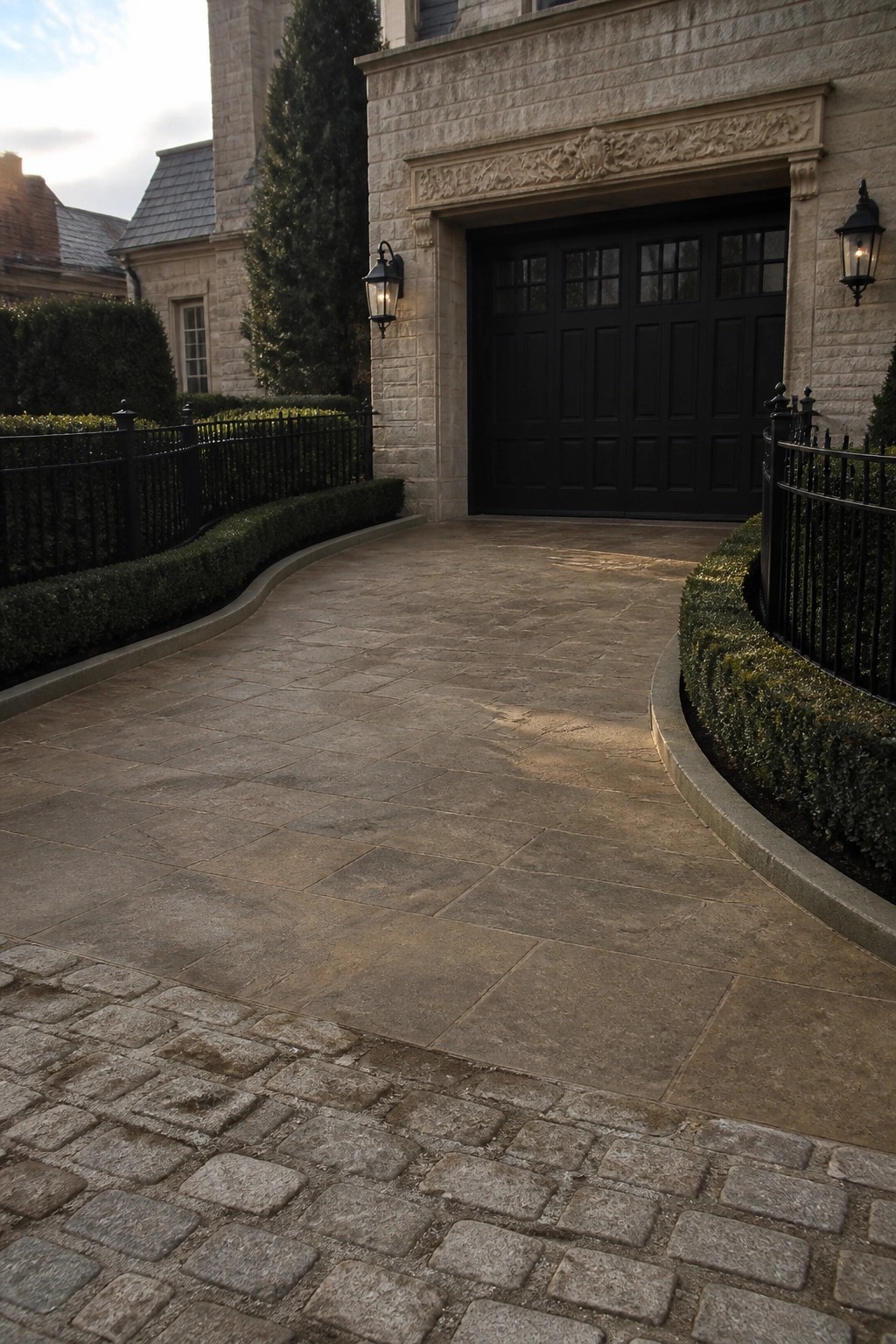 Curving stone driveway leads to black garage doors on ornate limestone house