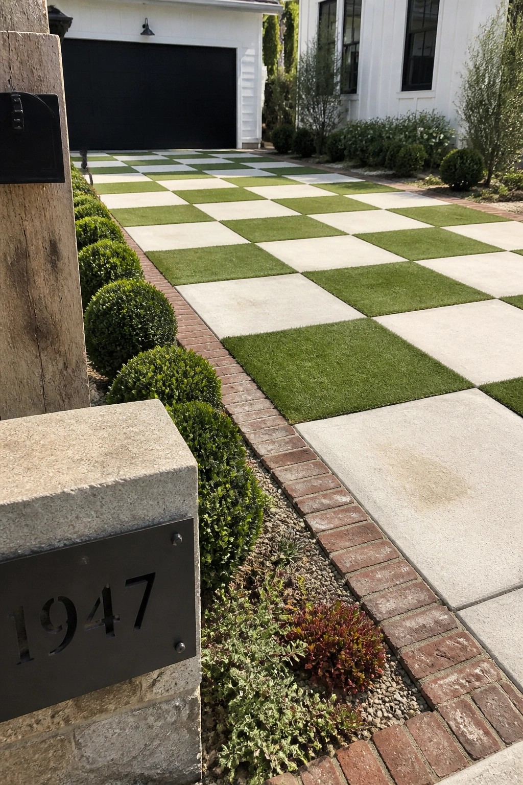 Checkerboard green grass and white concrete driveway beside stone pillar marked 1947