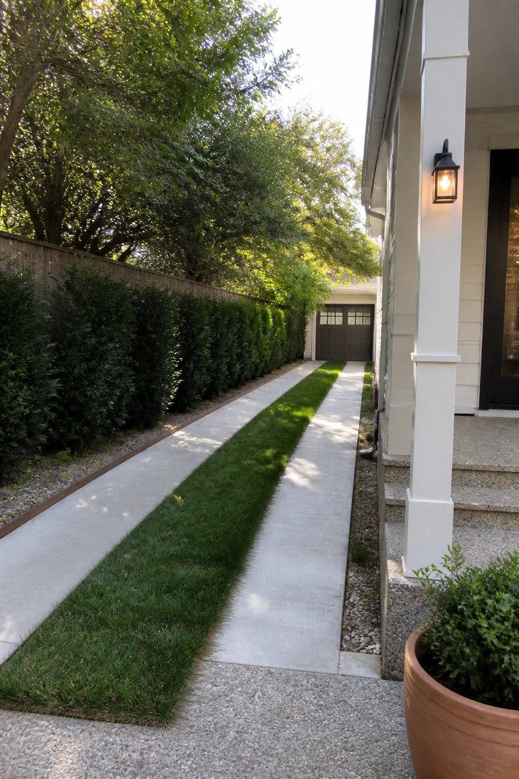 A long concrete path with a central strip of grass, bordered by a tall hedge on the left and a house porch on the right.