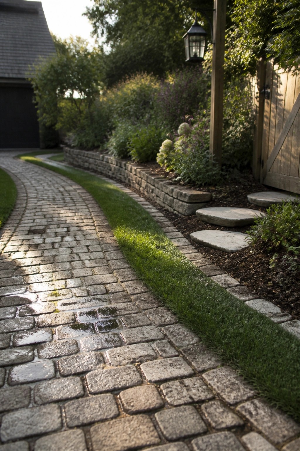 A curved cobblestone driveway bordered by grass and a low stone retaining wall with garden beds on the right.