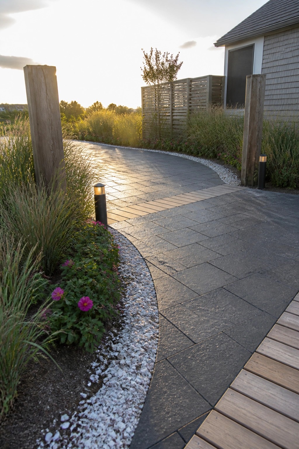 A curved dark gray paver driveway bordered by white gravel, low plants, wooden posts, and black bollard lights.