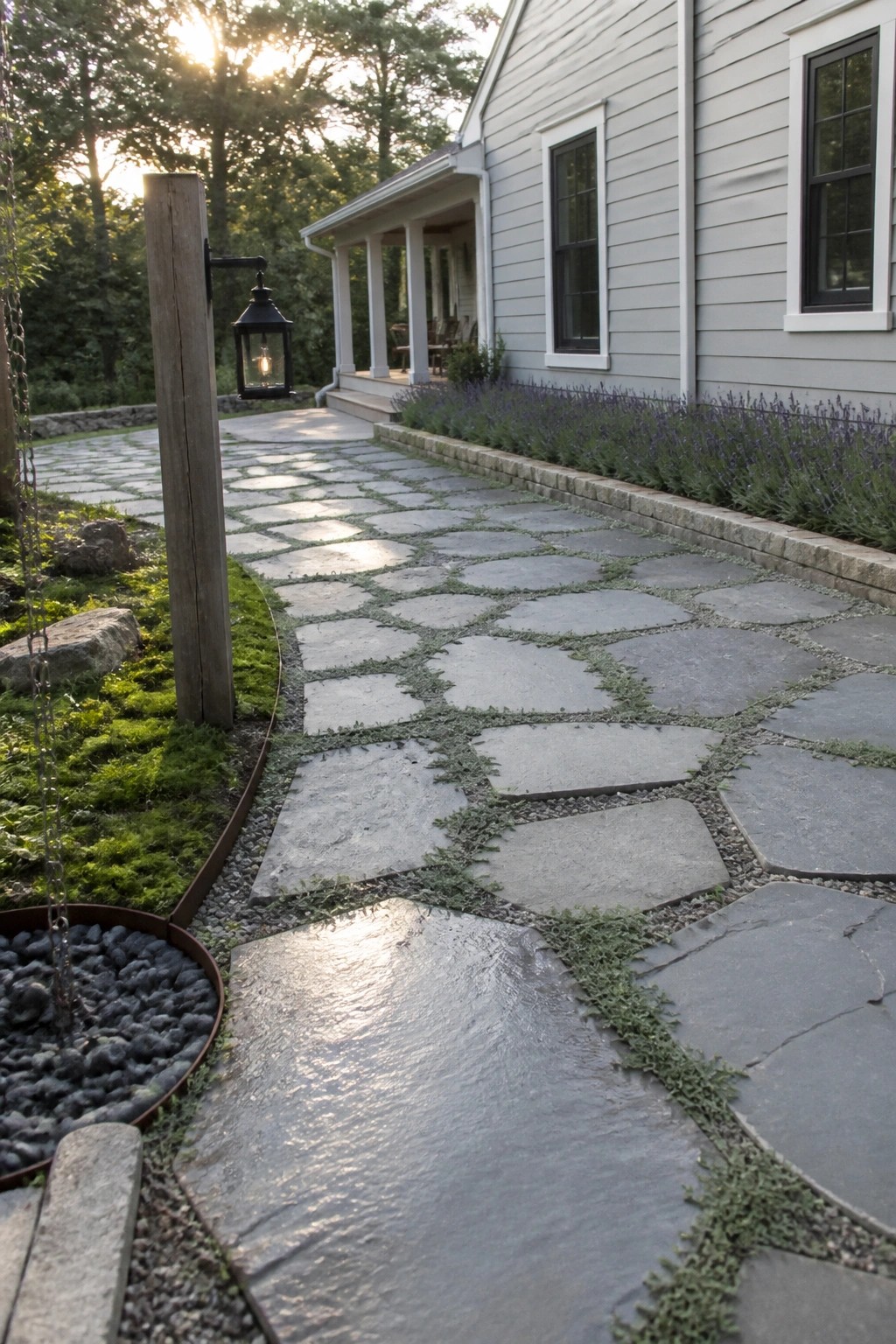 A winding path of large irregular gray stone pavers with low green ground cover between them runs alongside a light-colored house with a porch and garden beds.