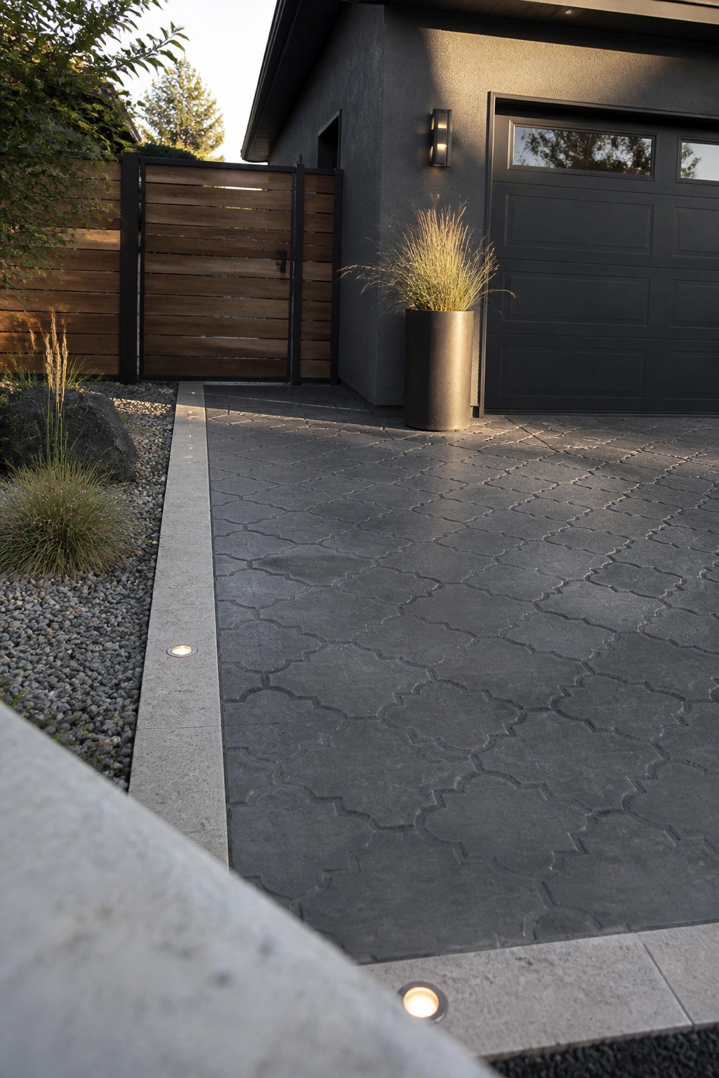 Driveway with dark gray quatrefoil-patterned pavers bordered by concrete, next to a wooden gate and modern house exterior.