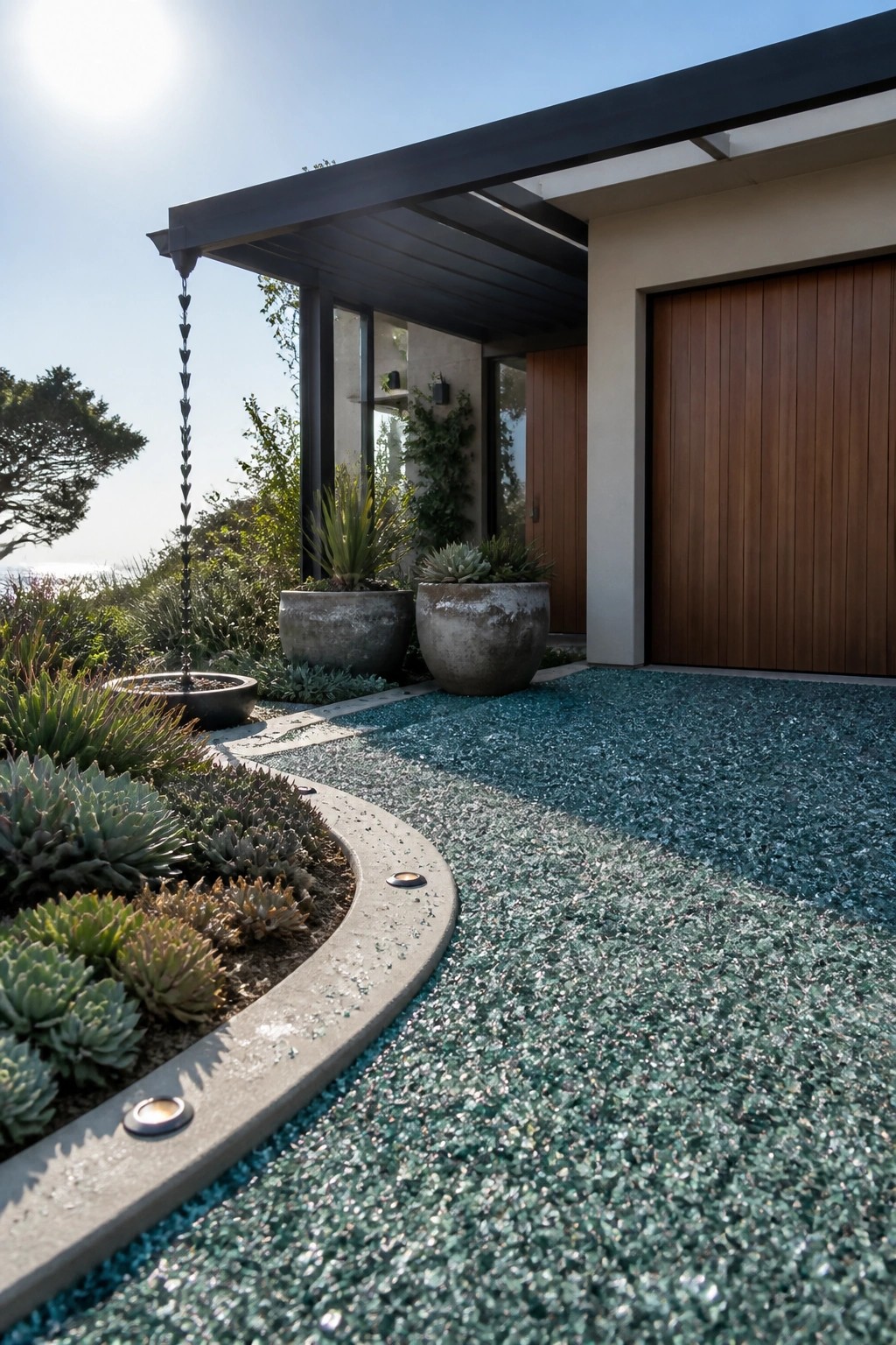 Modern coastal home with wooden garage, succulent planters, rain chain, and teal gravel driveway.