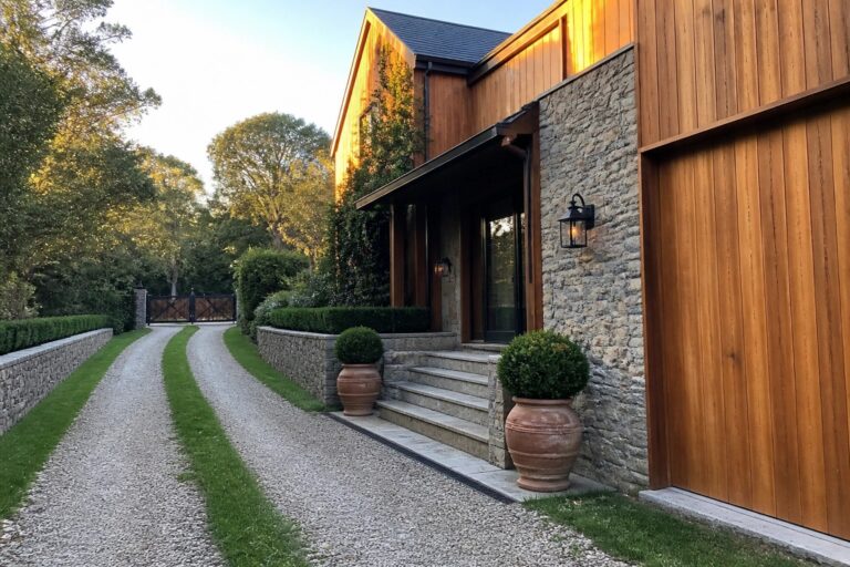 17 Low Maintenance Gravel Driveway Ideas That Save Time and Effort A gravel driveway with two central grass strips curves toward a house with wood siding and stone details, framed by stone gate posts and large terracotta pots.