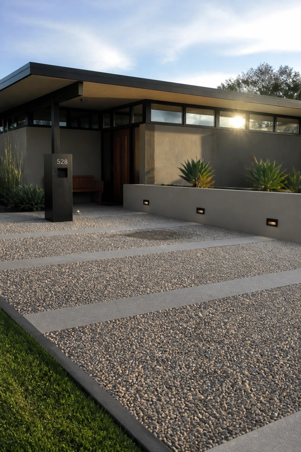 Modern house exterior with a gravel driveway divided by parallel concrete strips, a low concrete wall with recessed lights, and agave plants along the side.
