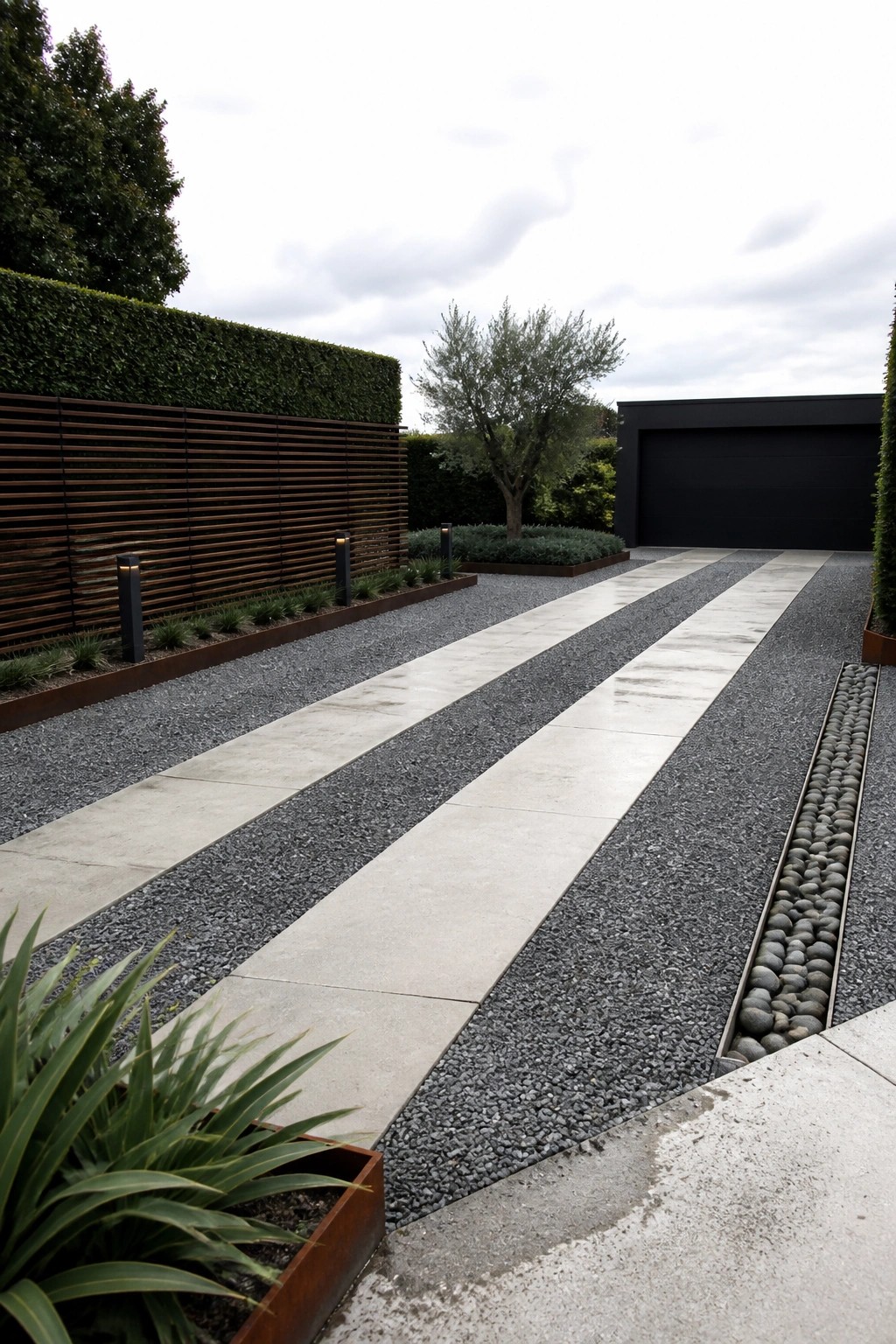 A long driveway with parallel light concrete pavers running through dark gravel, bordered by a strip of small pebbles on one side and planted beds with hedges on the other.
