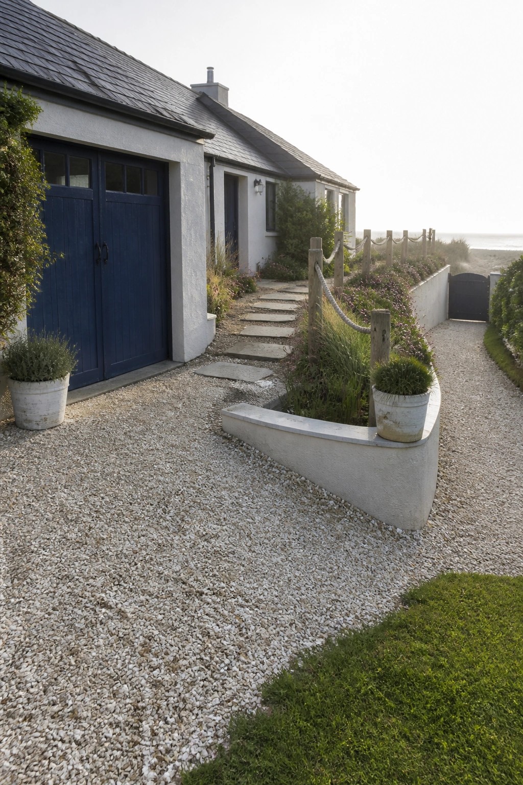 A gravel driveway runs alongside a white house with blue doors, bordered by curved concrete edging with potted plants and a stepping stone path leading toward the sea.