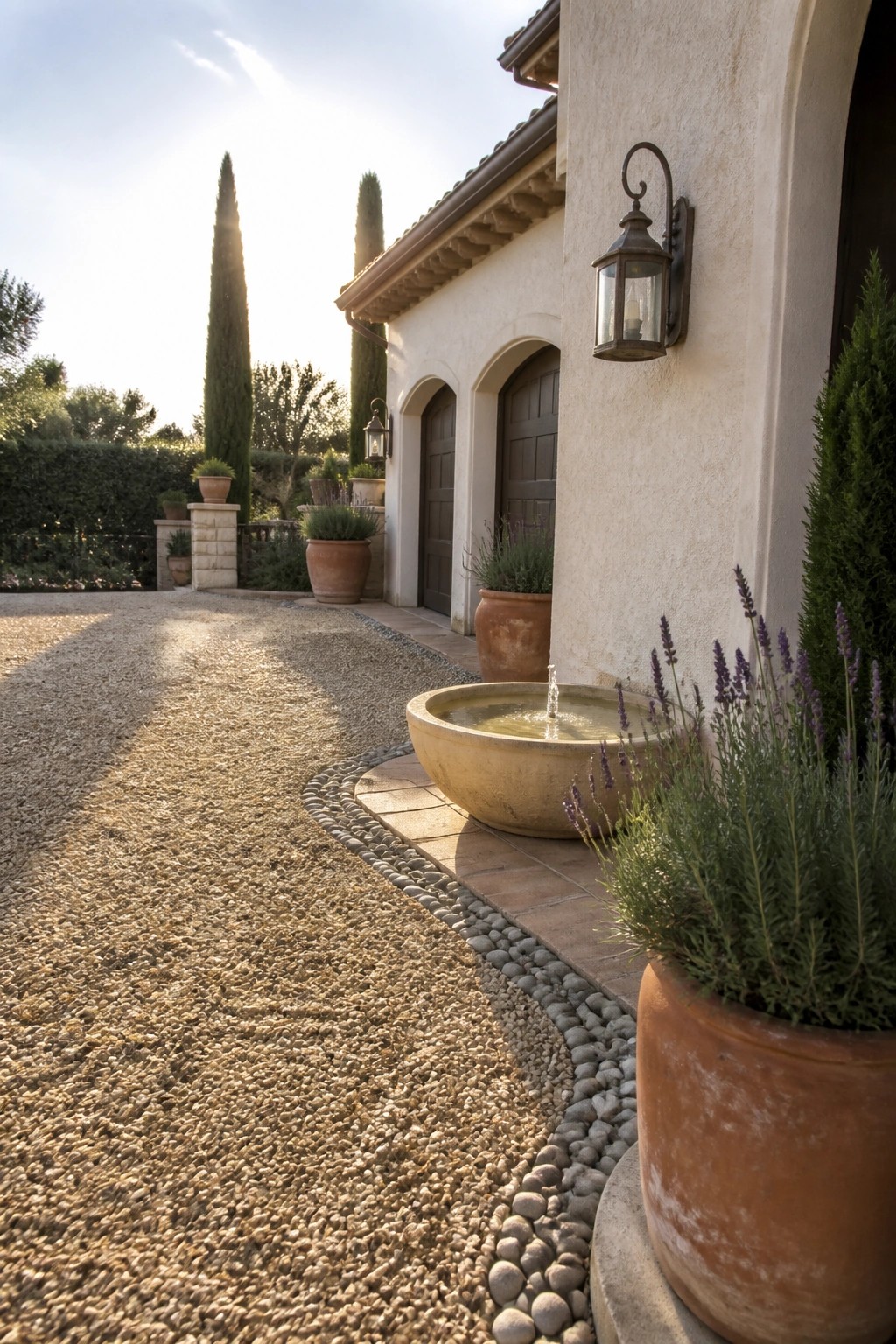 A gravel driveway bordered by smooth stones curves toward a stucco house with a large stone water basin and terracotta pots along the entrance.
