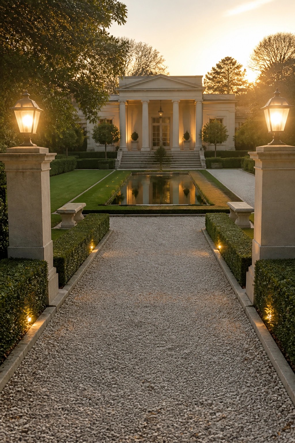 A wide gravel path bordered by low box hedges leads toward a white classical house with a long reflecting pool in the center and lit stone pillars on either side.