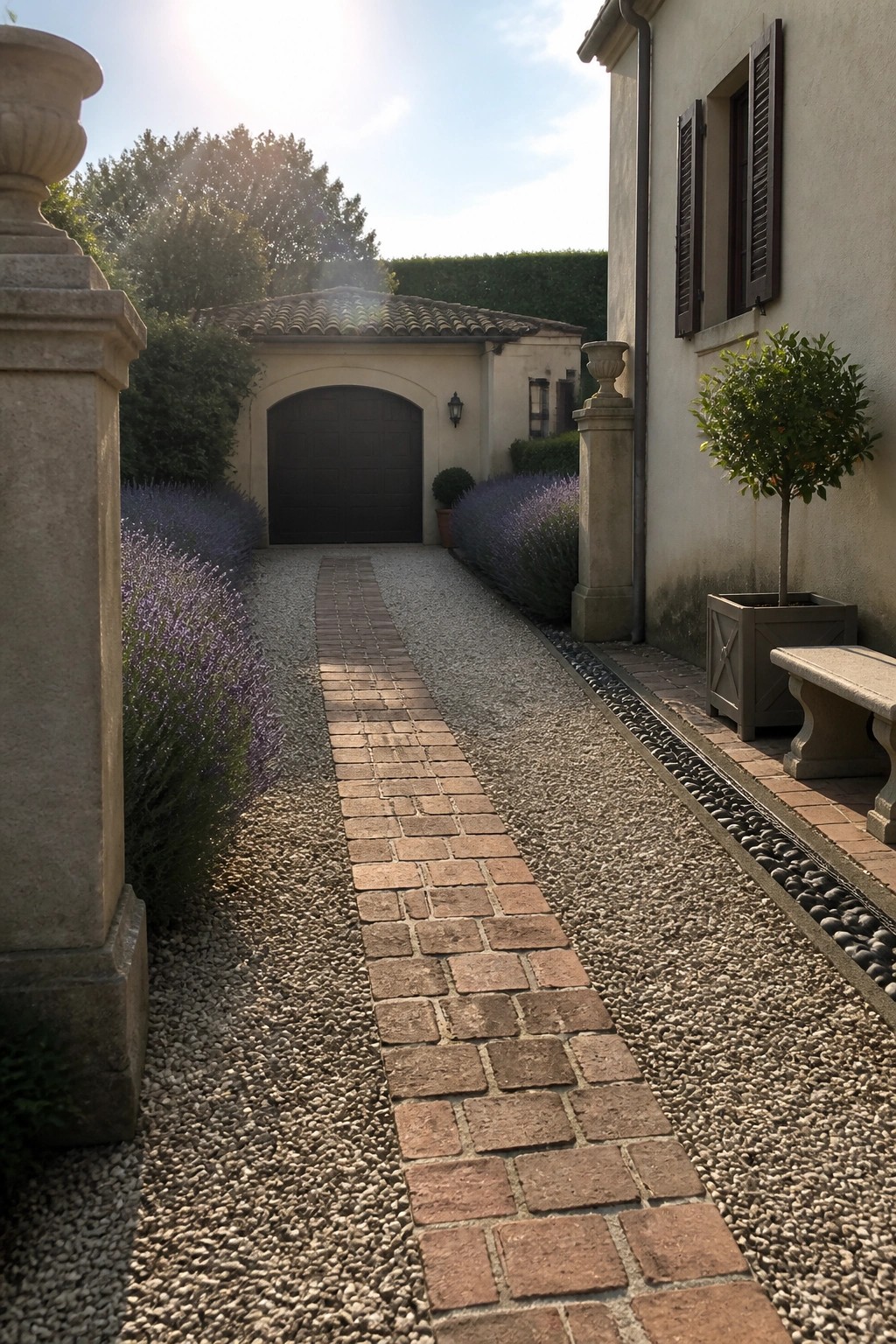 A long gravel driveway with a central brick paver strip, bordered by lavender bushes, leading toward a house garage.