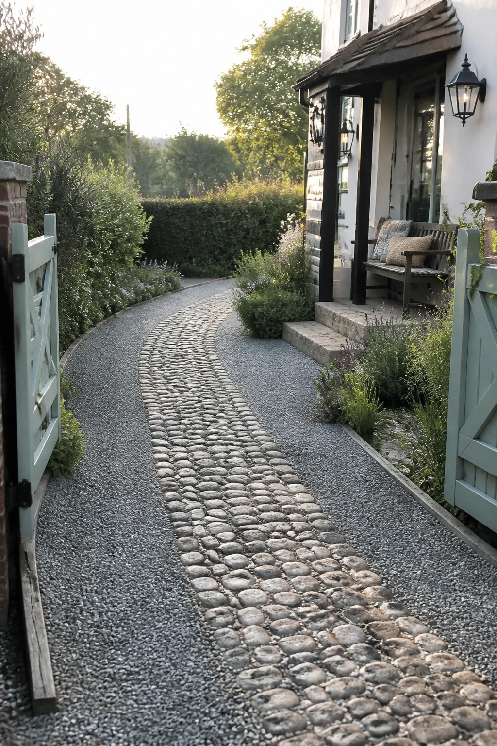 A gravel driveway with a central curved cobblestone path leads toward a house entrance, framed by light blue wooden gates and garden beds.