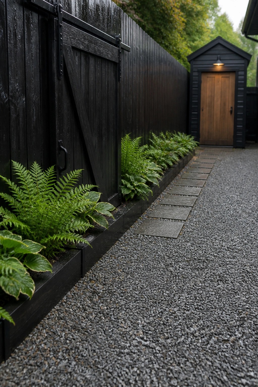 Black wooden fence with ferns borders gravel path and stone pavers to shed.