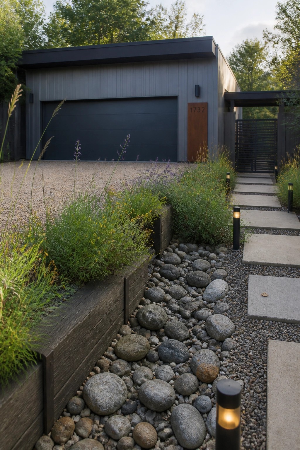 Modern gray house with black garage, wooden planters, river rocks, and lit pavers.