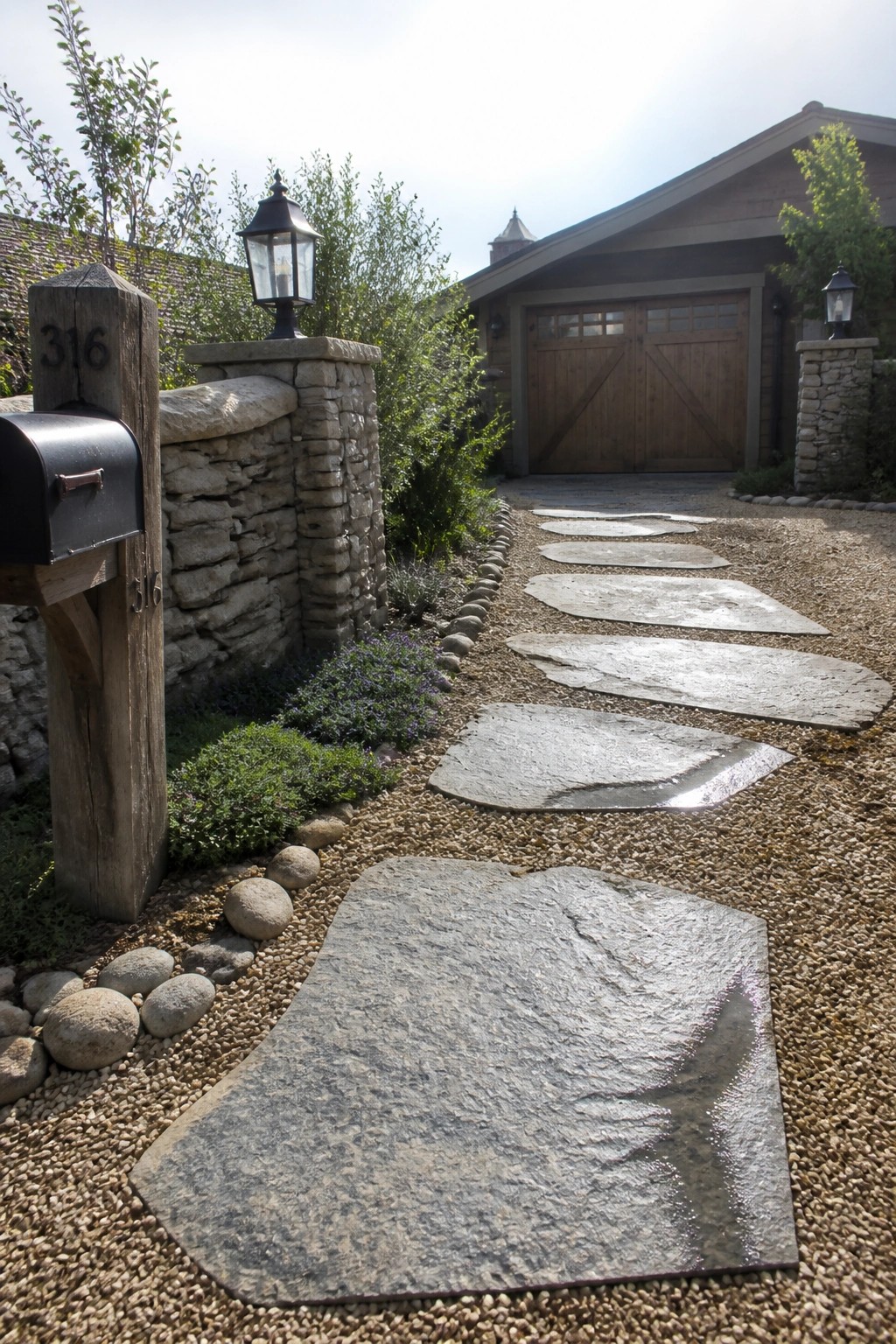 Stone pathway with stepping stones leads past mailbox to wooden garage.