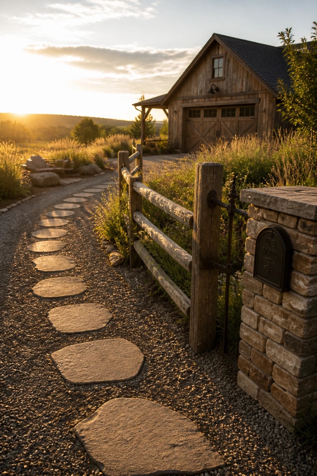 Stepping stones line gravel path past wooden fence to barn at golden sunset.