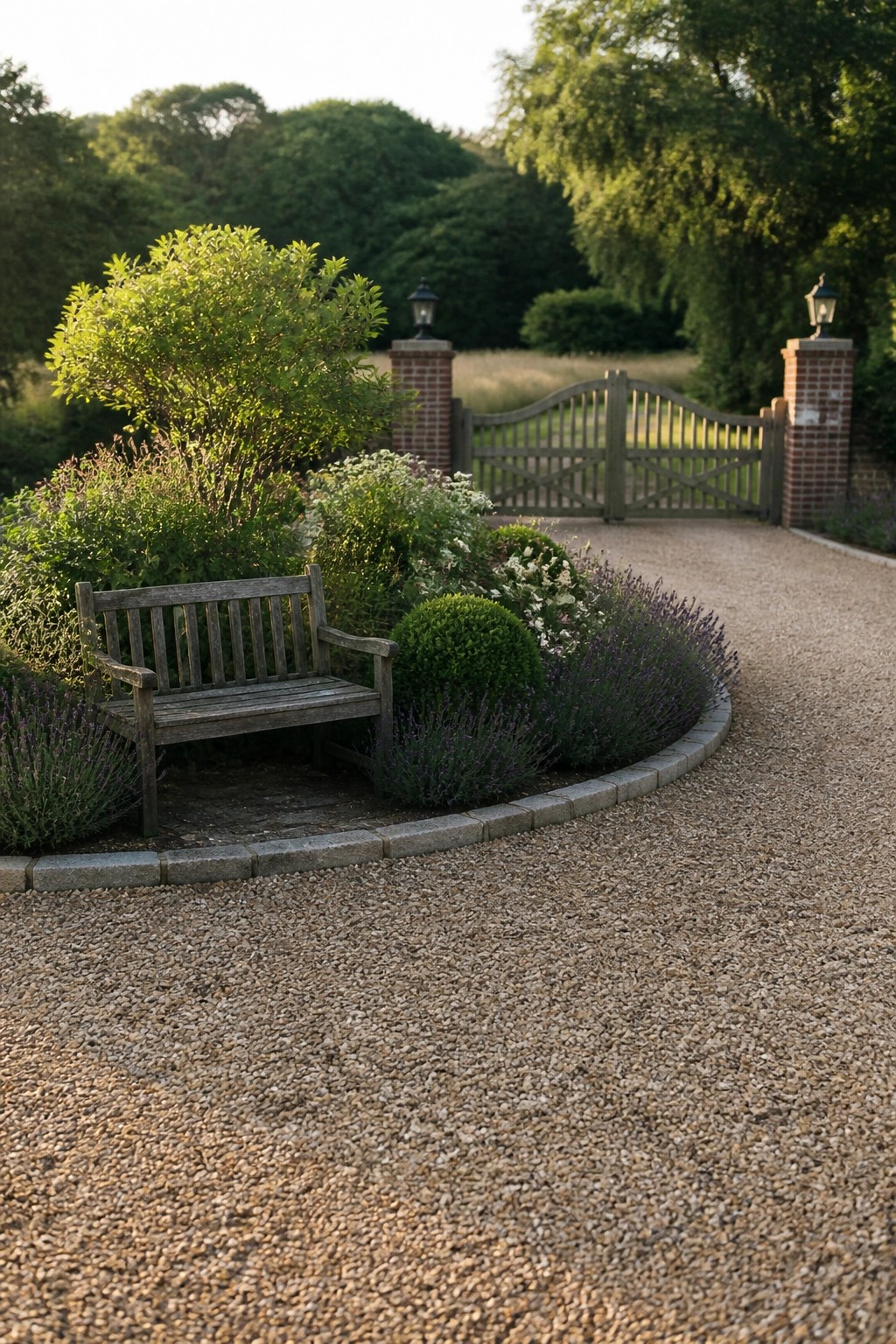 A gravel driveway curves around a landscaped bed with stone edging, a wooden bench, lavender plants, and shrubs near a wooden gate with brick pillars.