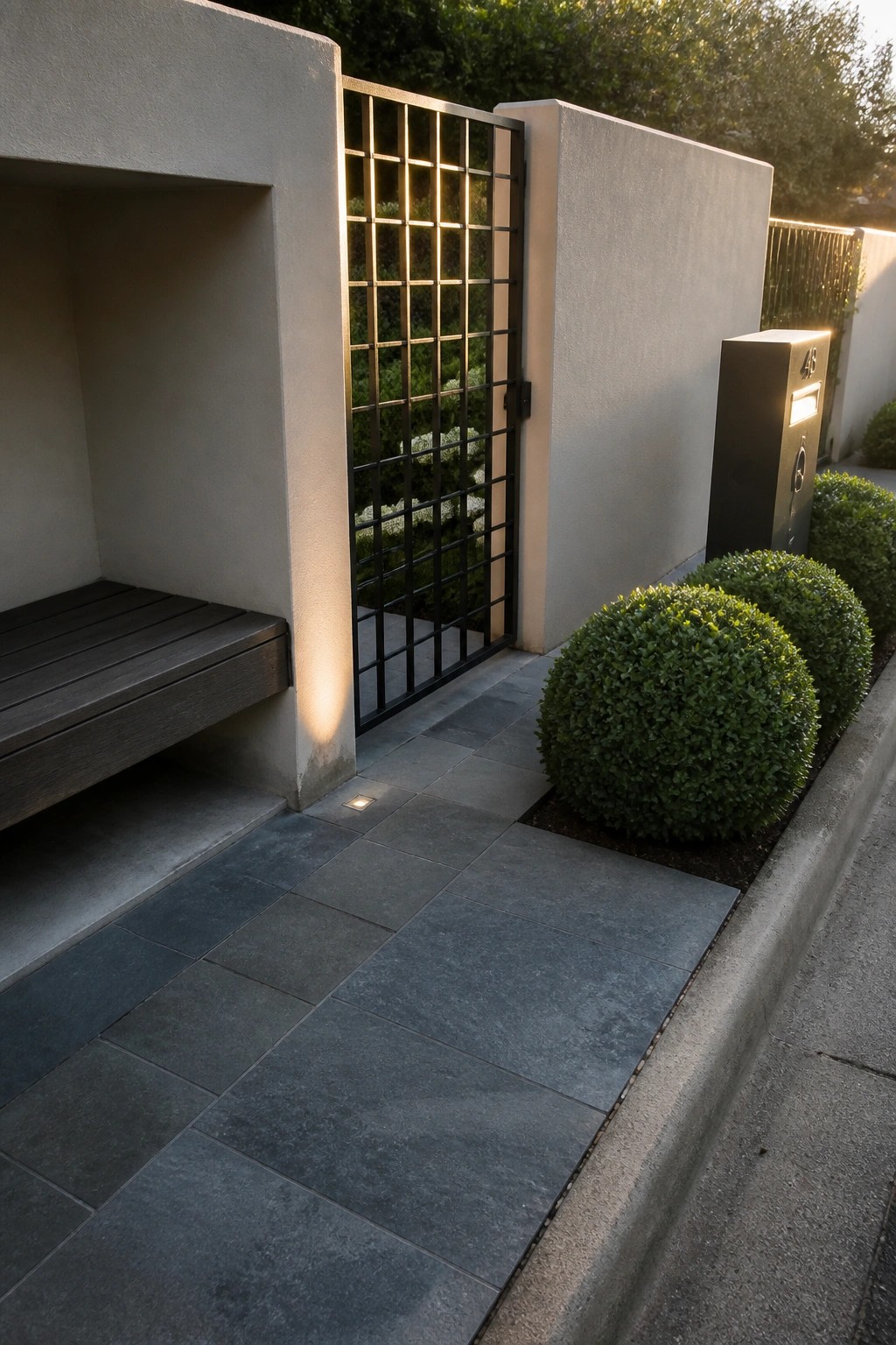 A minimalist front entry with a black metal grid gate set into a smooth concrete wall, a built-in wooden bench on the left, and rounded shrubs beside a dark mailbox.
