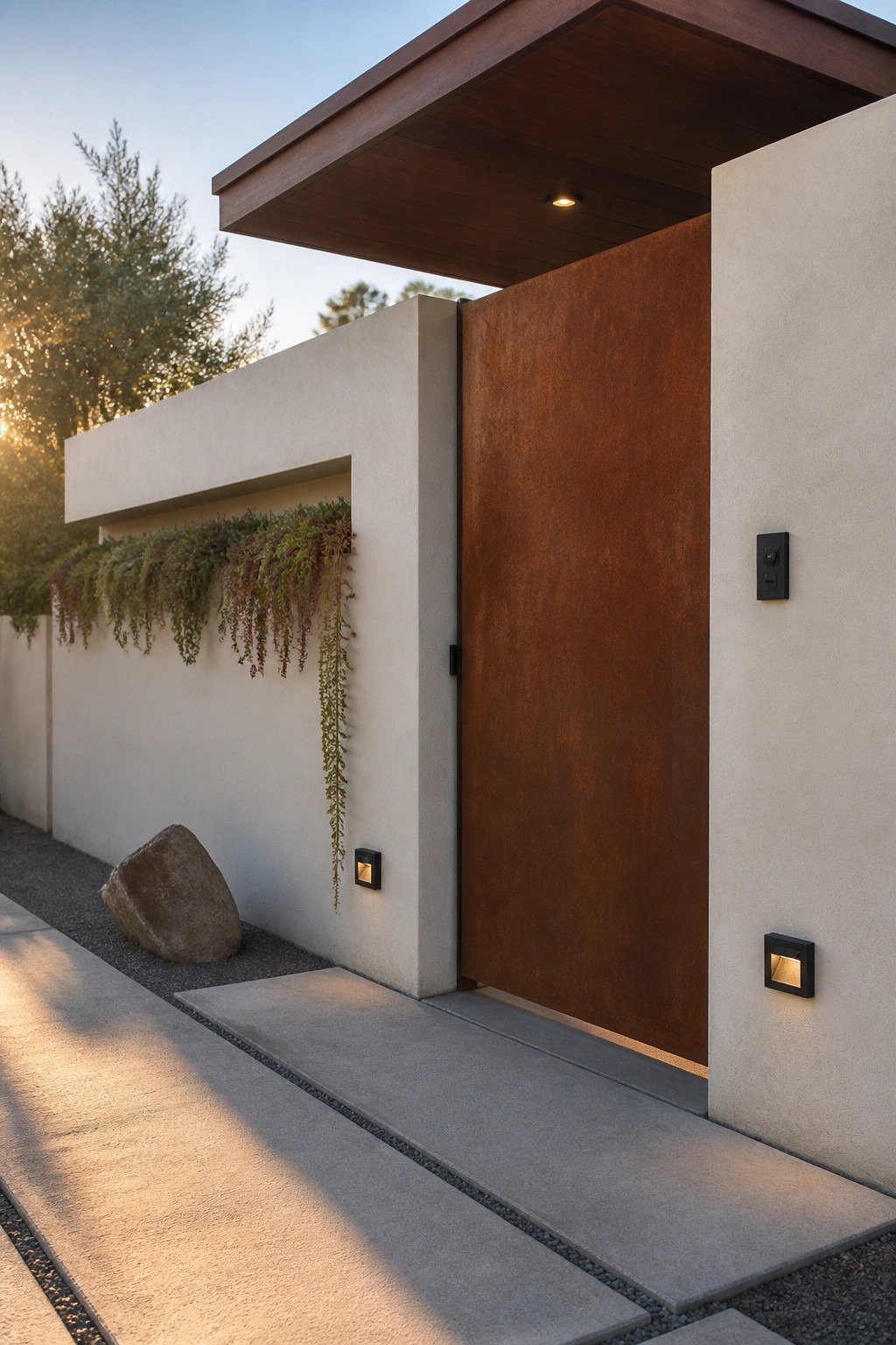Modern entrance with rusted metal gate, cascading plants, and lit concrete path