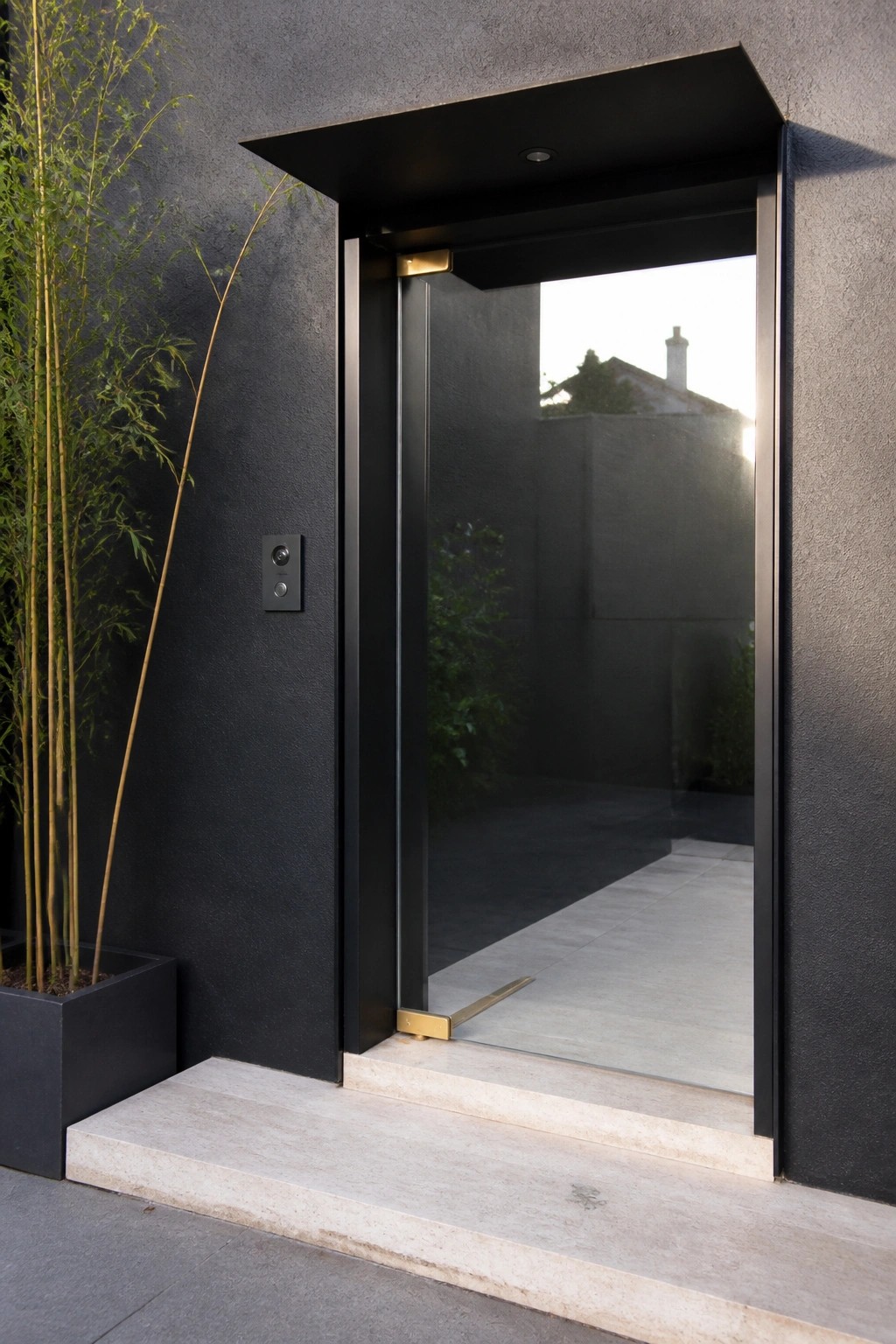 Modern black glass door entrance with bamboo plant and stone steps