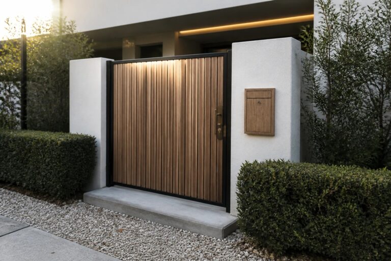 Modern wooden slatted gate with black frame, concrete pillars, mailbox, and number 25
