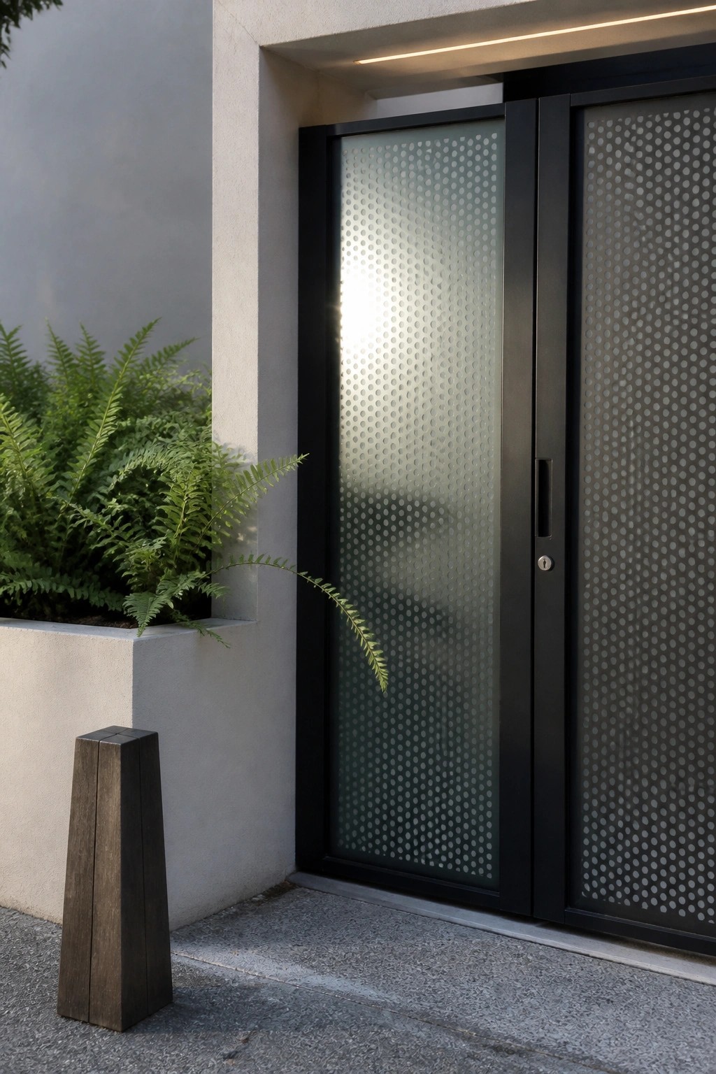 A modern black-framed double gate with frosted glass panels featuring a white dot pattern, positioned beside a concrete planter with ferns and a wooden bollard on a paved surface.