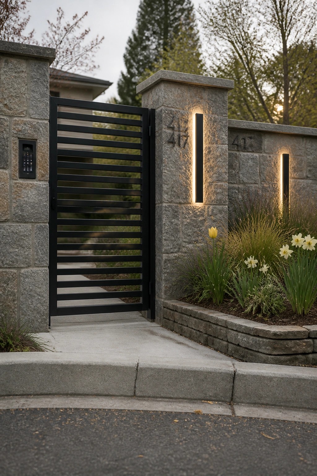 A black metal gate with horizontal slats stands open between two gray stone pillars with vertical recessed lights and engraved numbers.