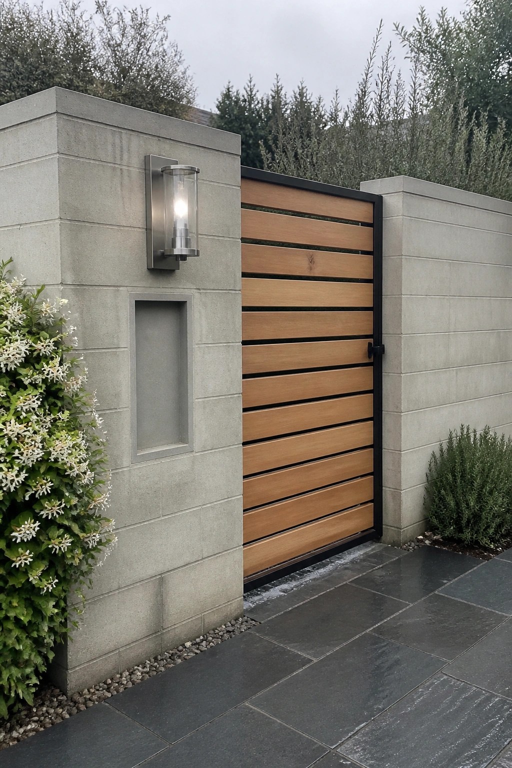 A wooden gate with horizontal slats framed in black metal, set between concrete walls next to a wall-mounted light fixture.