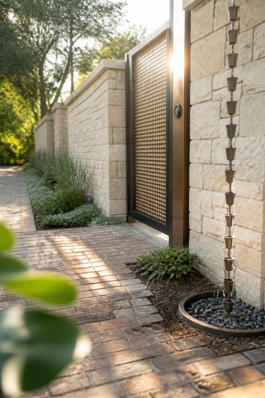 A dark metal gate with a circular perforated pattern set into a light stone wall beside a brick walkway and a hanging cup water feature.