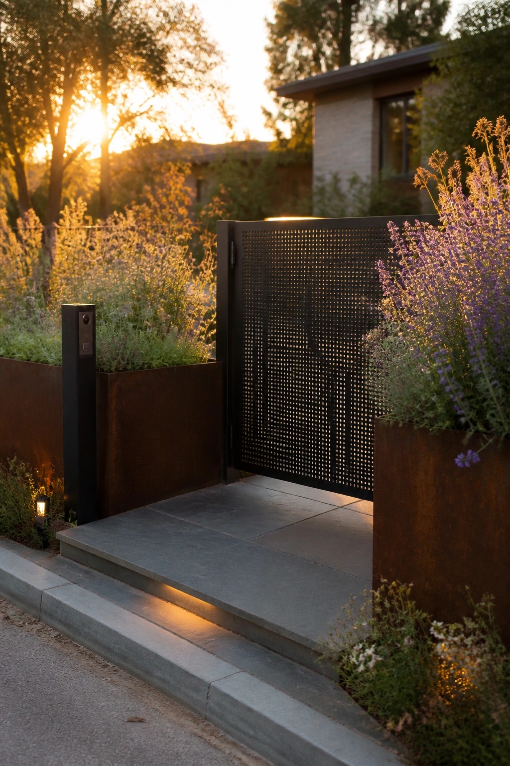A black perforated metal gate stands open between rusted steel planters at the top of stone steps leading to a modern home.
