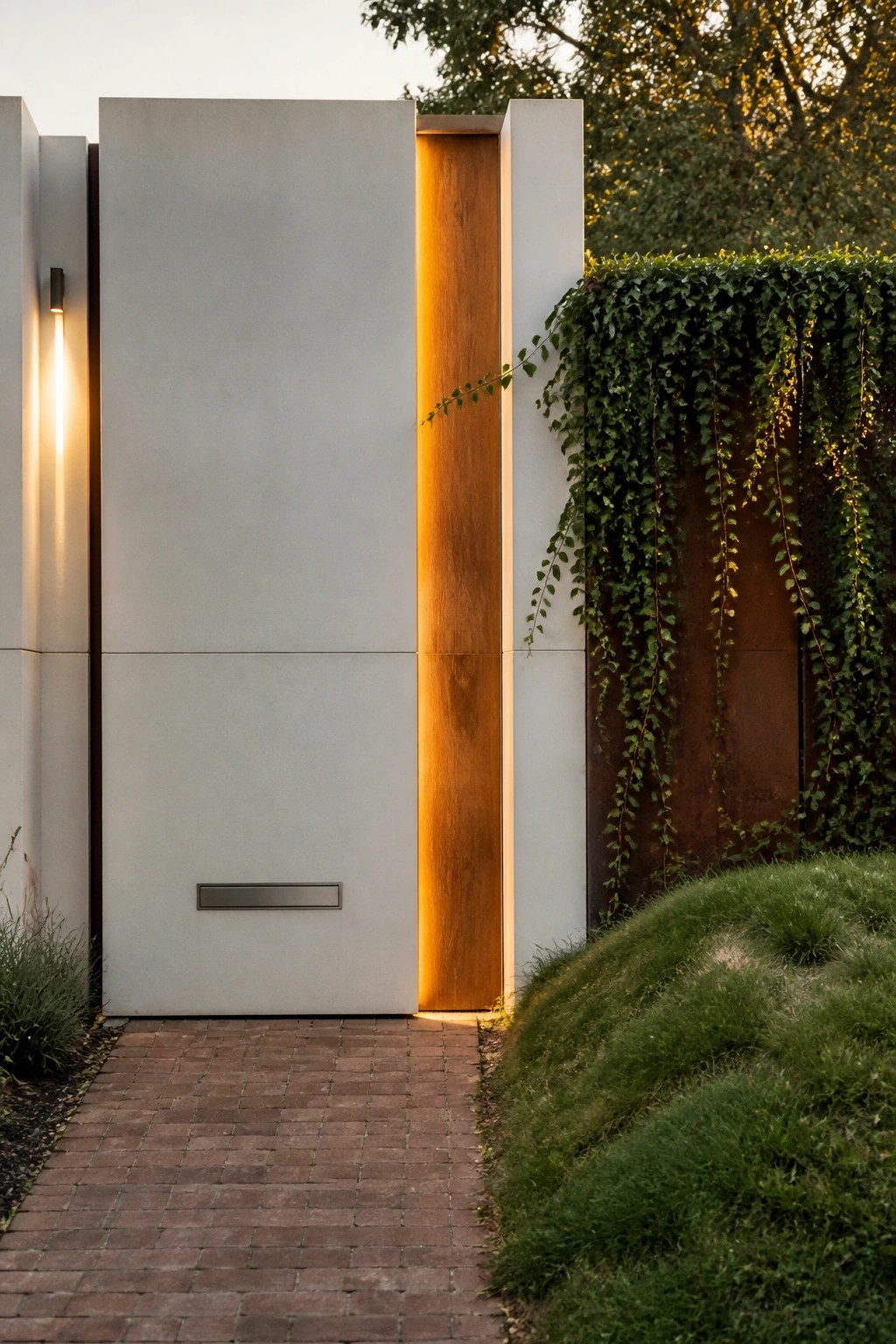 A minimalist concrete gate featuring a vertical wood accent panel with integrated lighting, next to a brick path and ivy-covered wall.