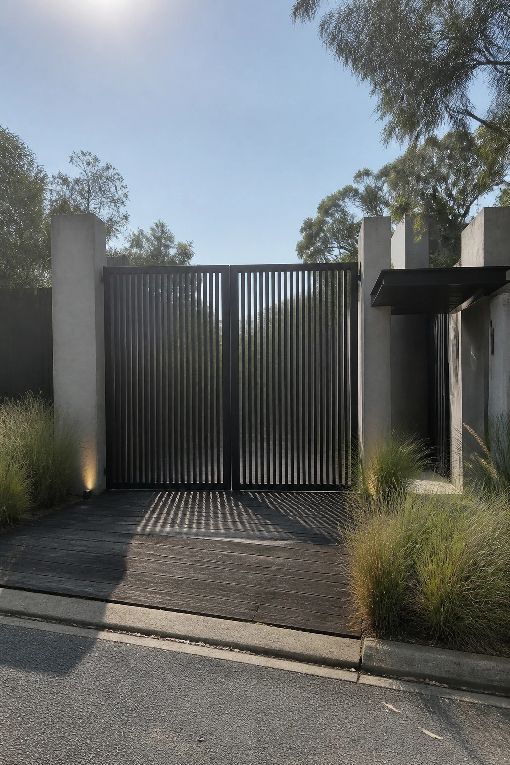Black vertical slat gate between concrete pillars at the end of a wooden driveway entrance.