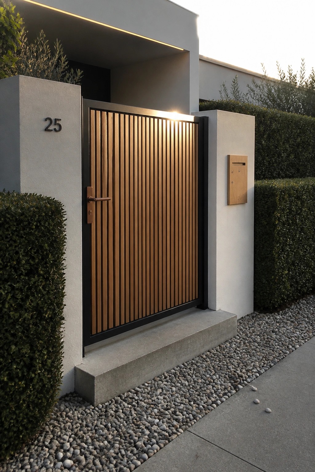 Modern wooden slatted gate with black frame, concrete pillars, mailbox, and number 25