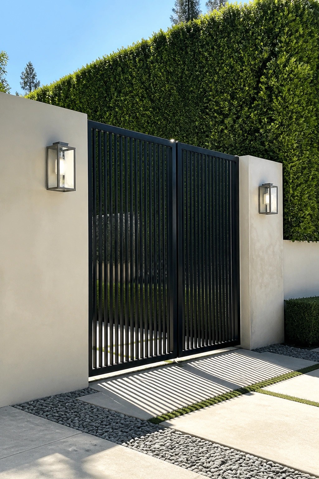 A black metal gate with vertical slats is set between two light stucco walls with wall lanterns, in front of a tall green hedge.