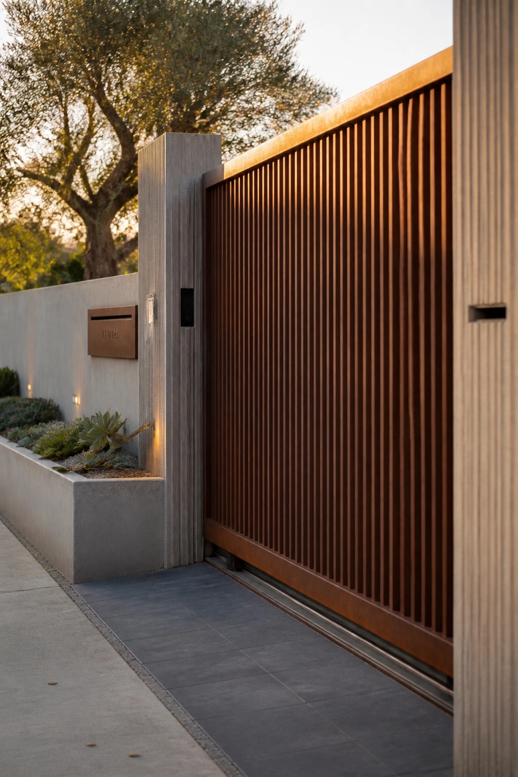 A modern wooden gate with vertical brown slats slides beside a concrete wall that holds a built-in mailbox.