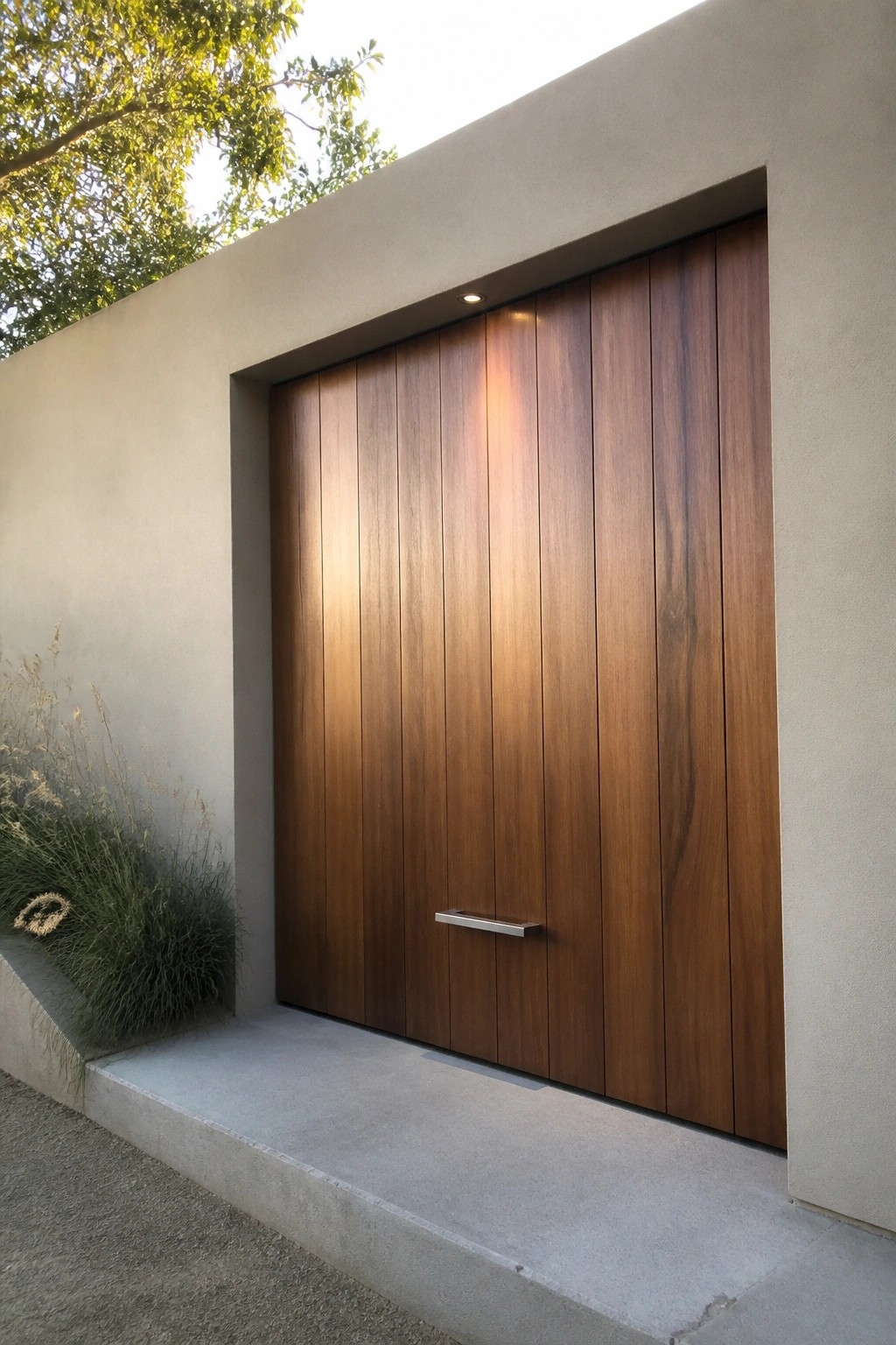 A wooden gate made of vertical planks set into a recessed concrete opening, with a horizontal metal handle and a small recessed light above.